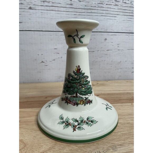 Spode S3324 M White/Green Porcelain Christmas Tree Candlestick Holder England 2m